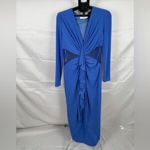 SHO Blue Sparkle Twist Front‎ Cutout Midi Dress XL Long Sleeve Ruched Bodycon